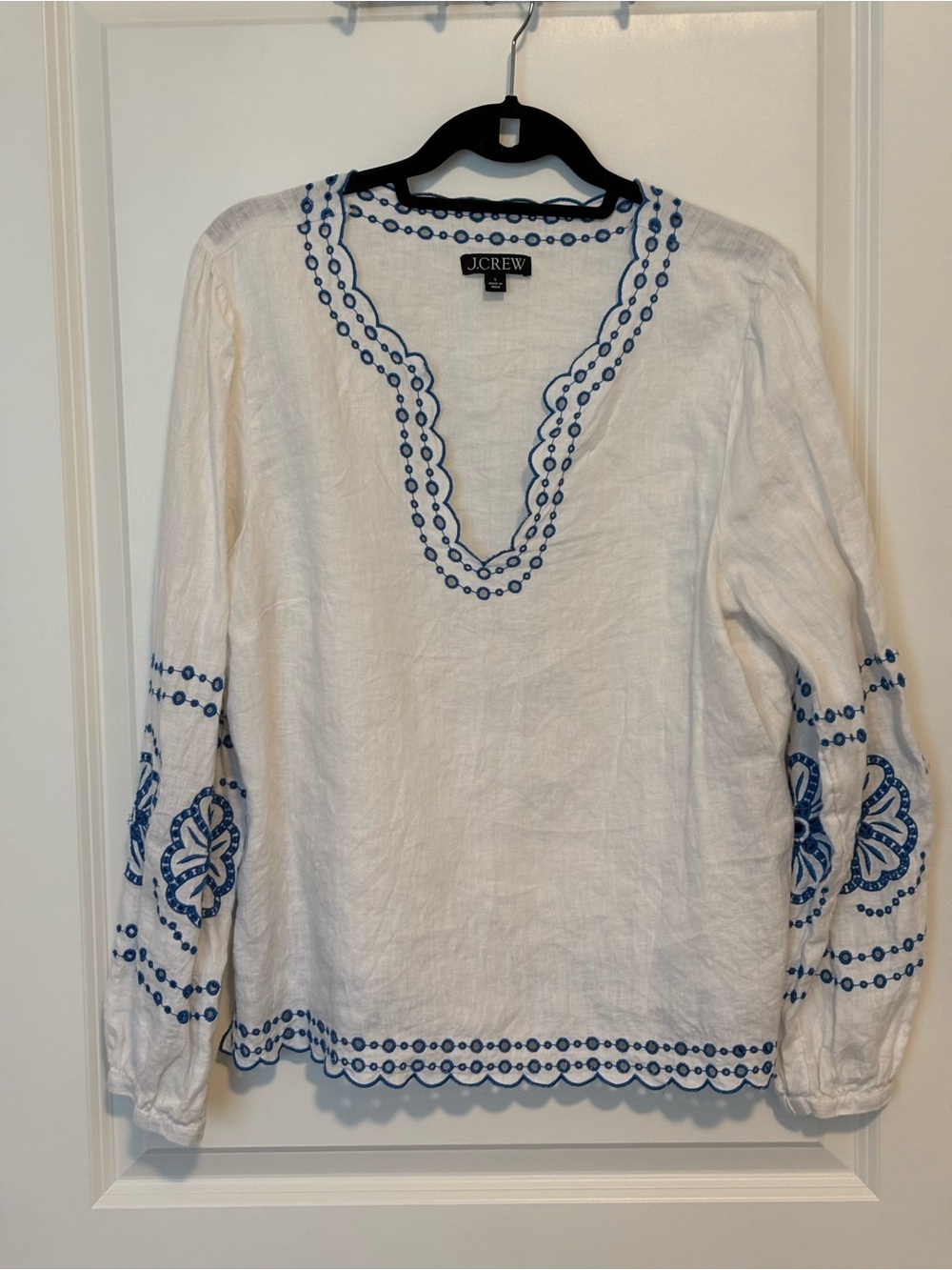 J Crew Embroidered linen-cotton white/blue blouse